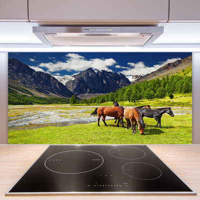 Küchenrückwand Fliesenspiegel Gebirge Bäume Pferde Tiere